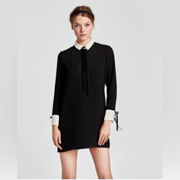 Zara Dresses & Skirts - Zara Velvet Bow Black Mini Contrast Collar Dress size L